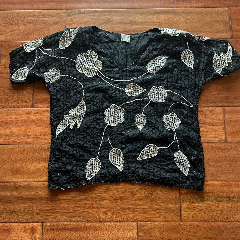 Vintage Silk Black Beaded Top | Boho Artisan Style sequins and faux pearls Large